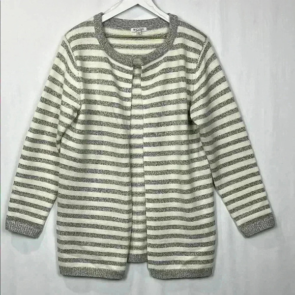 Baciano Sweaters - Baciano Womens Cardigan L Gray & White Open Front Long Lines Ribbed Cuffs & Hem